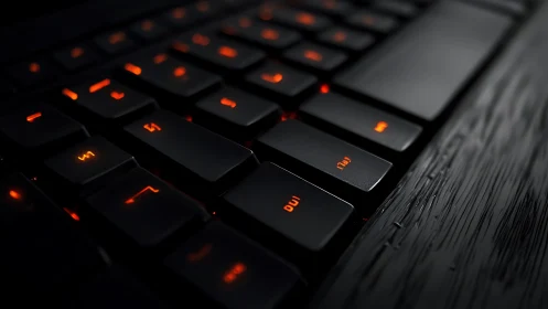 Mechanical keyboard keys with orange backlight in darkness.