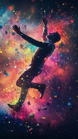 Silhouetted man leaping through vivid color explosion.