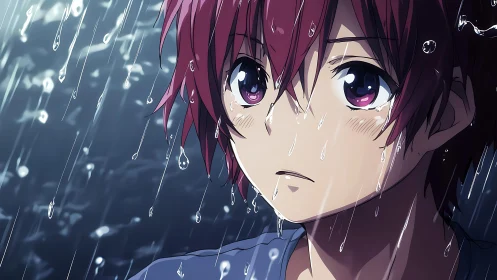 Anime boy with red hair stands in heavy rain, eyes distant.