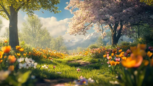 Spring meadow path with flowering trees and distant mountains.