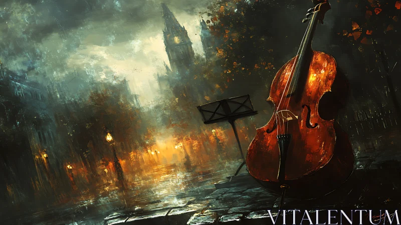 Nocturnal cello reverberation in rain-soaked urban plaza.