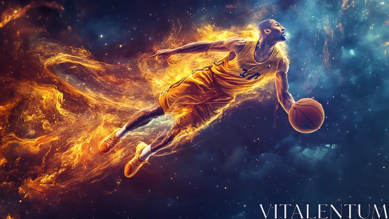 Fiery cosmic basketball player soars through molten starlight.