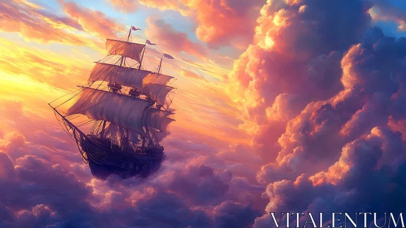 Sunlit sky galleon glides gently through glowing clouds