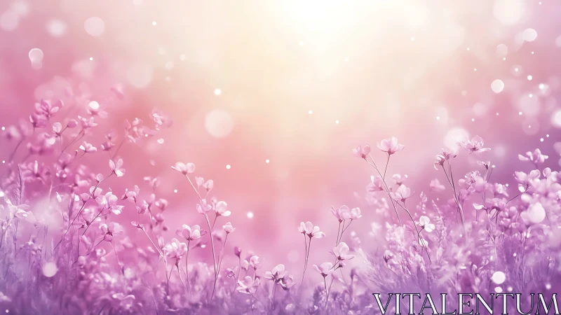 Soft-focus floral field with pink and purple blooms, bokeh backdrop