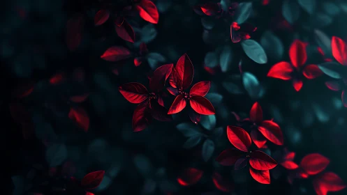 Red foliage glows against deep teal shadowed background