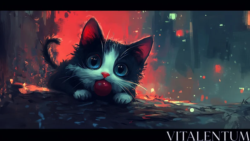 Stylized Cat in Urban Dystopian Setting with Red and Teal Lighting