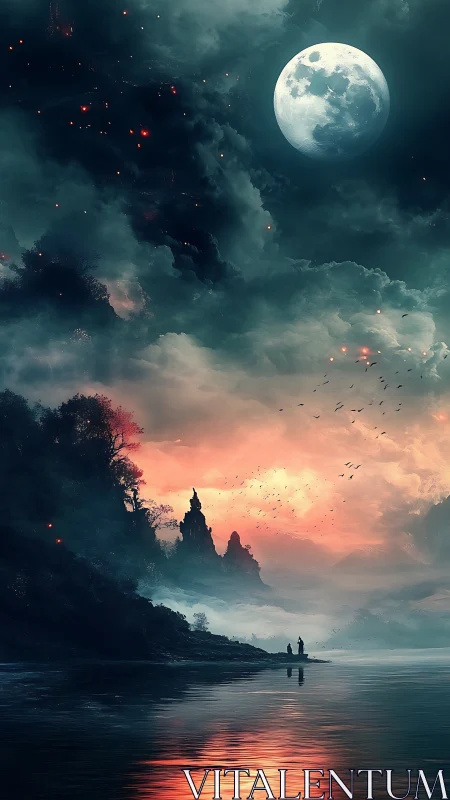 Lunar mist over crimson shore in vertical fantasy landscape.
