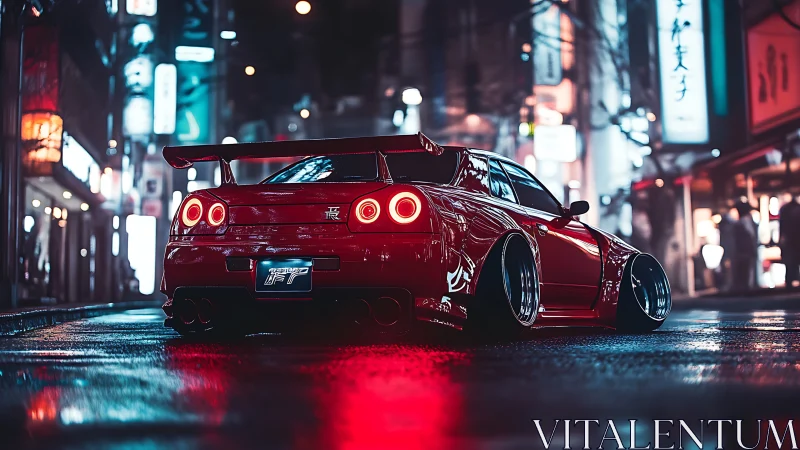 Cyberpunk street-tuned GT-R under neon night reflections.