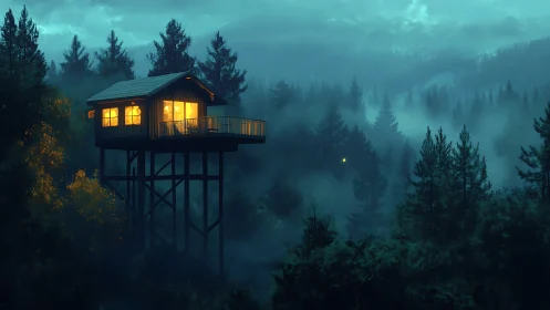 Solitary Refuge: A Glowing Sanctuary in Misty Forest.