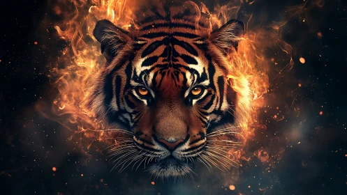 Flaming Bengal tiger portrait with embers on dark background