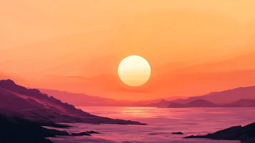 Radiant sun over magenta coastal mountains at dusk.