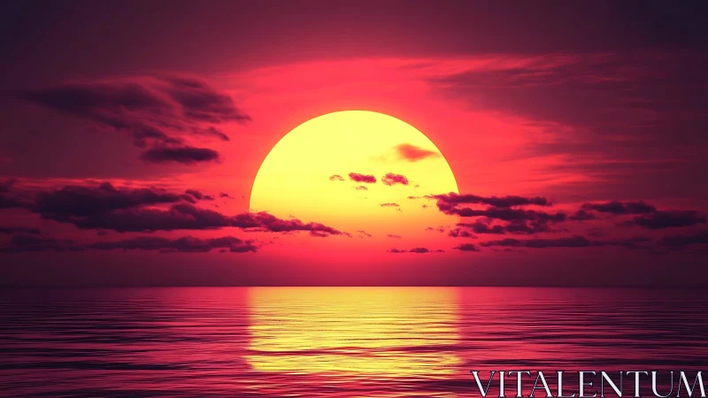 Vivid stylized sunset over calm reflective ocean horizon.