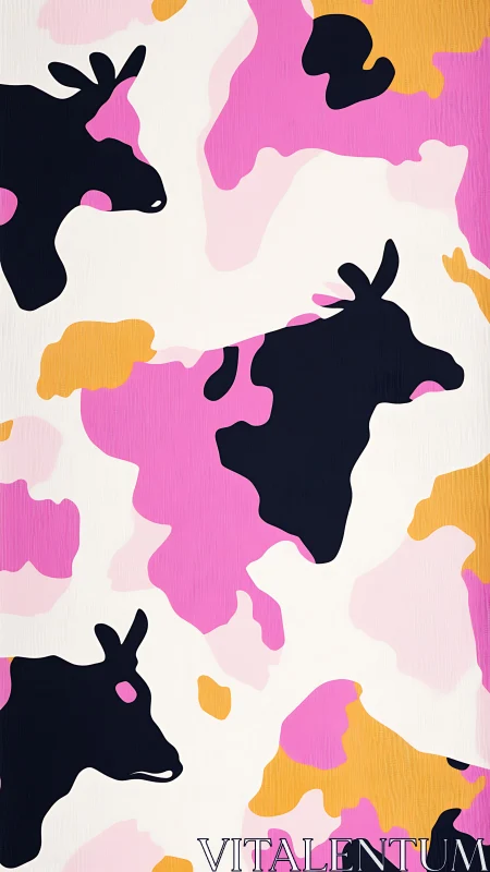 Stylized cow silhouettes in bold pink camouflage pattern.