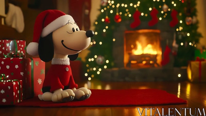 Cartoon dog in Santa outfit warms by glowing Christmas fire.