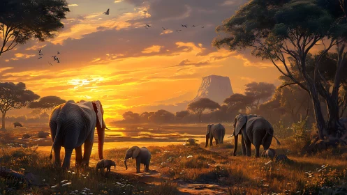 Elephants stroll home as the savanna sky melts into gold