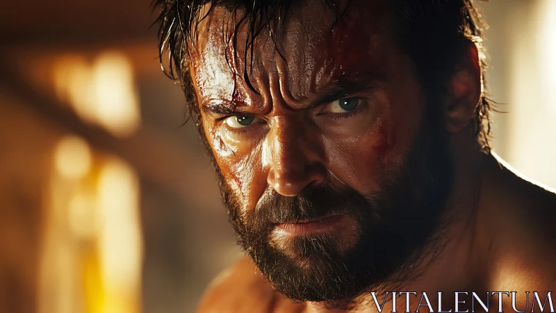 Battle-hardened warrior glare under harsh golden light.