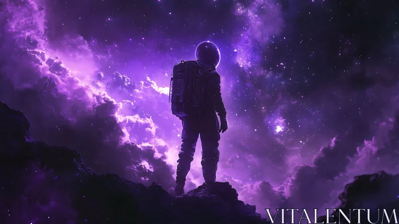Solitary astronaut silhouetted in luminous violet nebula.