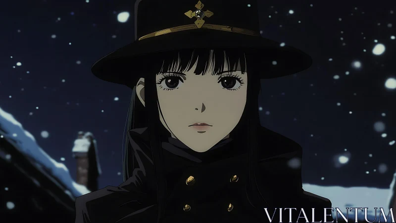 Snowfall night portrait of stoic woman in dark military coat