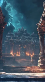 Ancient moonlit temple rises beyond misted stone steps.