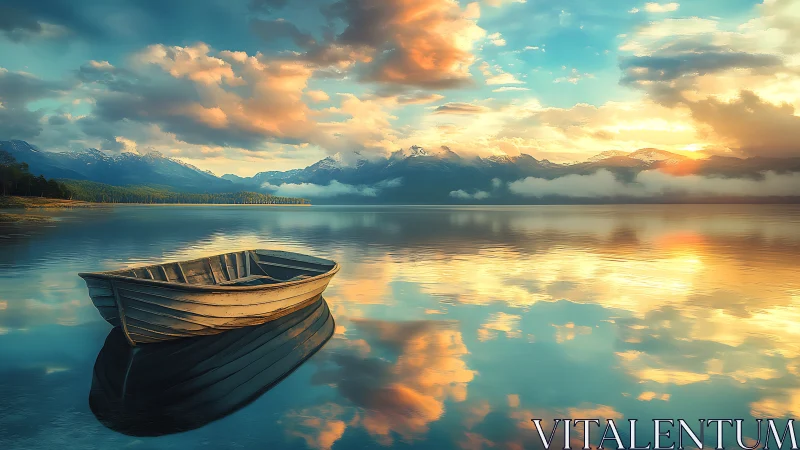 Sunlit wooden rowboat on mirrored alpine lake horizon.