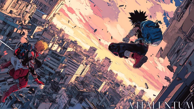 Skyline duel between rooftop heroes at blazing sunset.