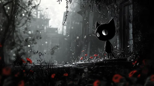 Silhouetted feline figure in desolate urban environment with red accents.