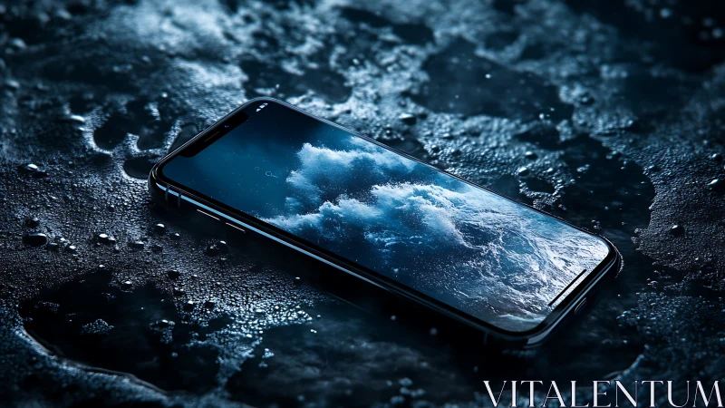 Smartphone with ocean display rests in shimmering water pool.