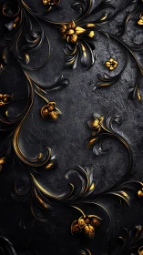 Black surface shows gold accented floral relief in scrollwork
