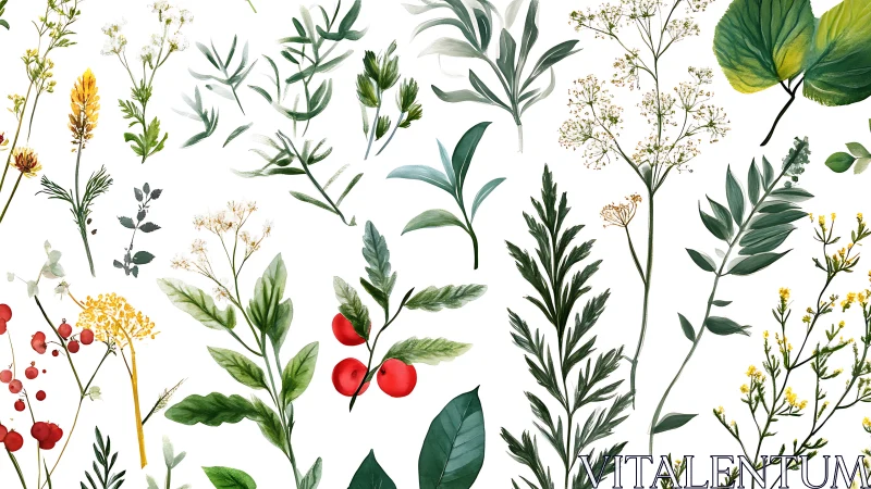 Watercolor botanical sprigs and leaves on white background.