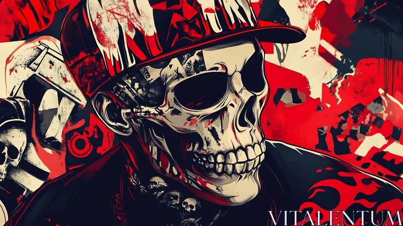 Streetwear skull portrait in bold red graphic style.