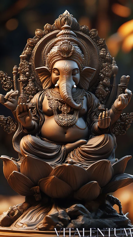 Highly detailed Ganesha sculpture rendered in warm bronze tones