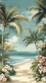 Tropical shore path framed by palms and pastel blooms.