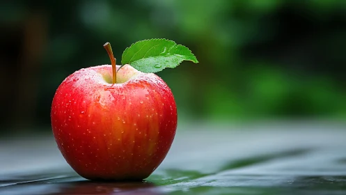 Red apple with leaf on wet surface in soft focus background.