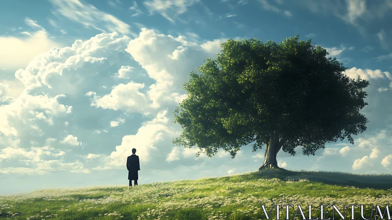 Solitary Figure Under a Large Tree on a Sunny Meadow, Realistic Art.