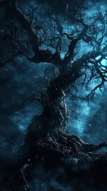 Gnarled tree trunk rises through dense blue mist at night