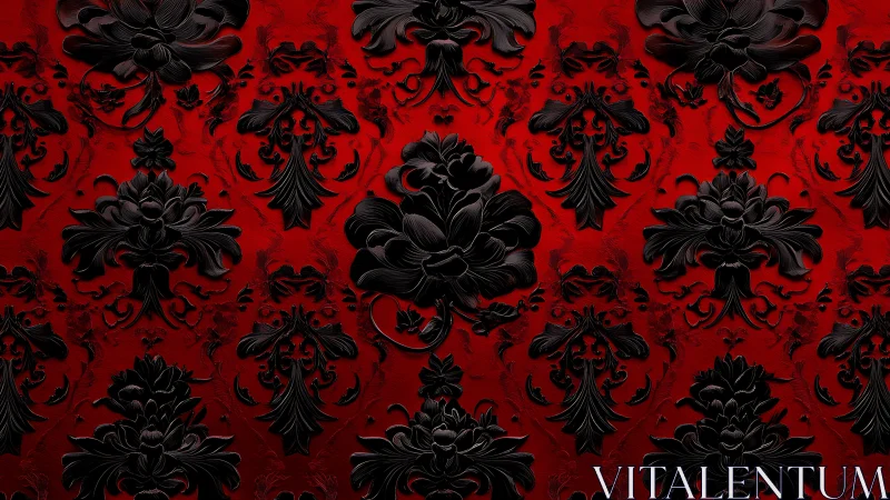 Velvety red damask wallpaper with sculpted dark florals.