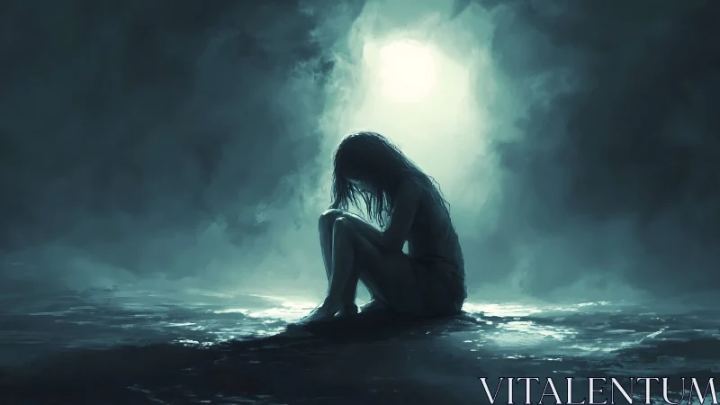 Solitary figure in misted pool under backlit moon haze