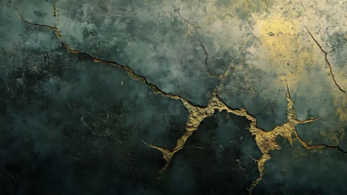 Cracked Wall Texture with Gold Highlights in Abstract Style.