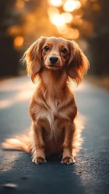 Golden-haired dachshund sits calmly in glowing sunset light
