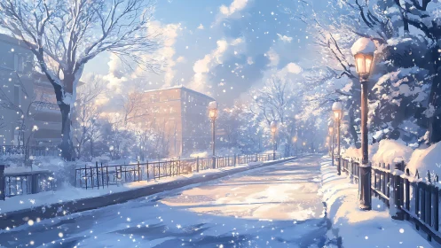 Snow-covered urban promenade shows winter lighting conditions