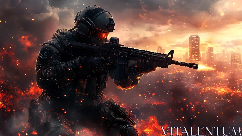 Tactical operator in urban firestorm, high-impact digital painting.