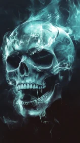 Flaming spectral skull emerges from darkness with neon fire