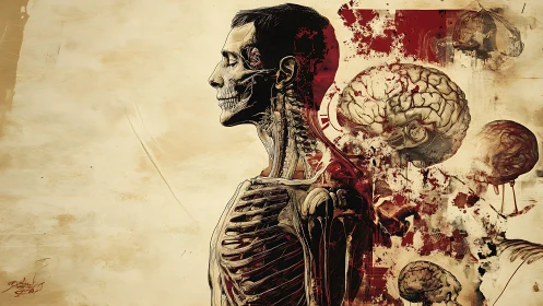 Anatomical profile with exposed skeleton and exploding brain forms.