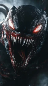 Monstrous black creature shows glowing eyes and jagged teeth