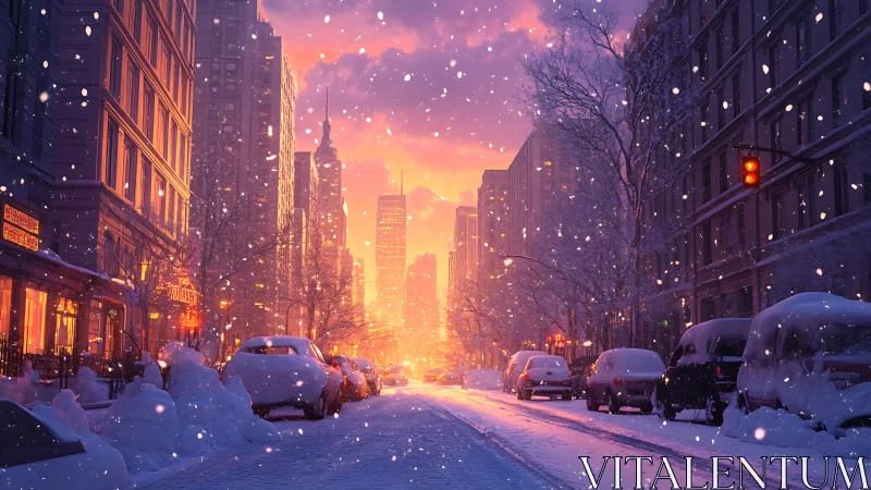 Snowlit city canyon melts into a glowing winter sunset
