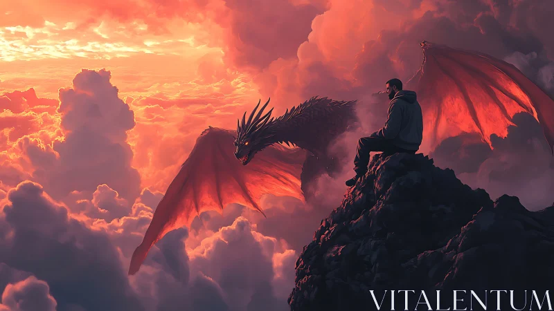 Hooded man on peak beside crimson dragon in sunset cloudscape