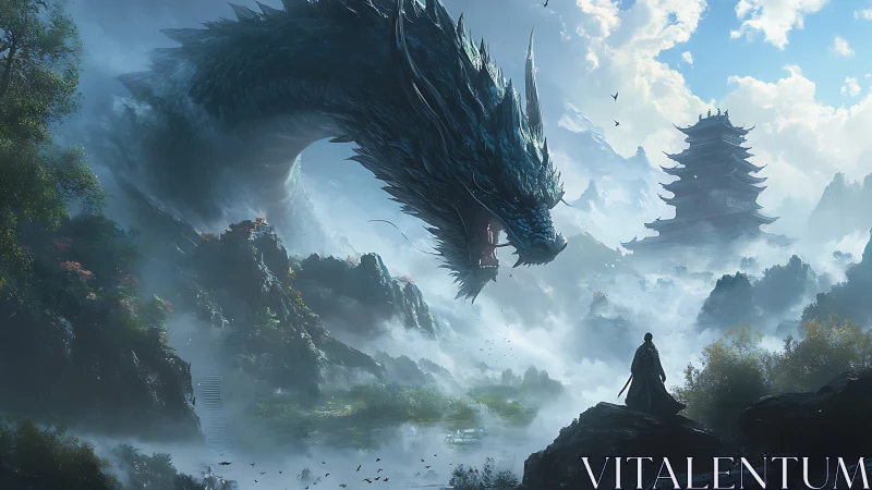 Mountain mist welcomes a wandering hero and vast sky dragon