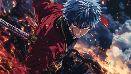Fiery anime swordsman surges forward through burning sky