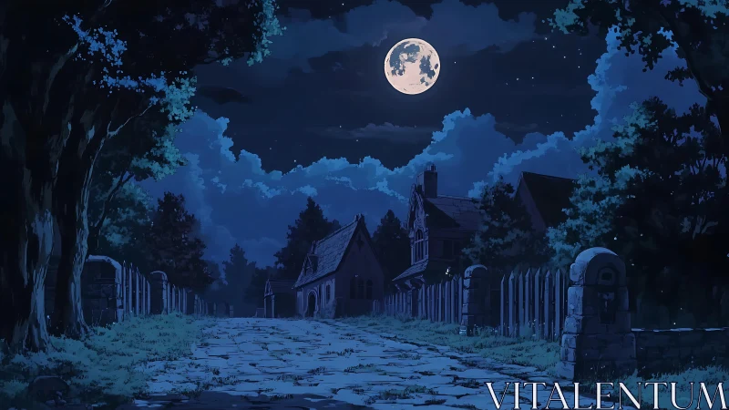 Moonlit village street extends between trees and fences