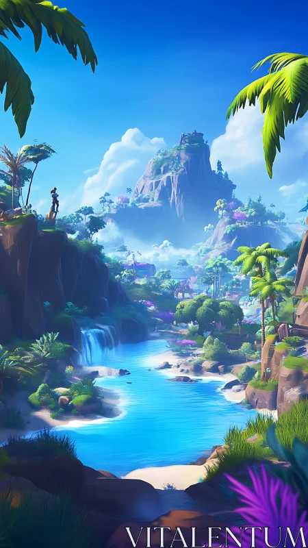 Floating Mesa Valley with Cascading Waterfall and Digital Painterly Sky Rendering